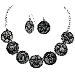 Sea Life Coin Style Beach Theme Silver Tone Necklace Earrings Set